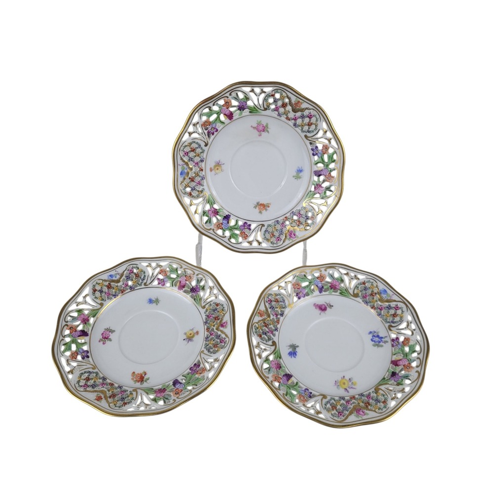 Schumann Germany Chateau Dresden Flowers Reticulated Saucers Set of‎ 3 Gold Rim